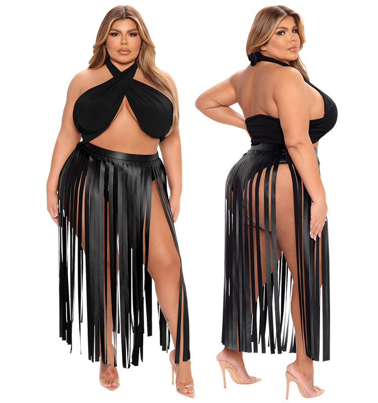 Faux Leather Tassel Plus Size Skirt Set