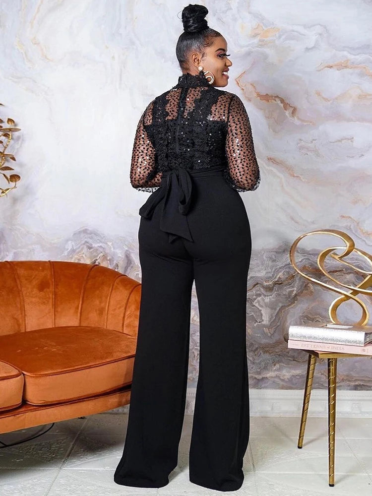 Women Long Sleeve Sequin Lace Jumpsuit