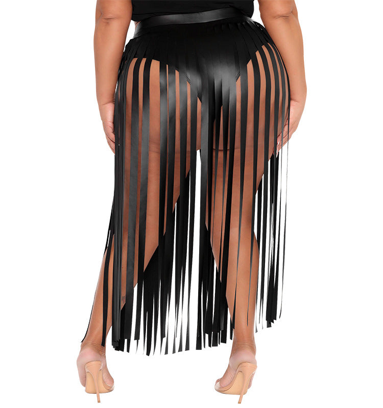 Faux Leather Tassel Plus Size Skirt Set