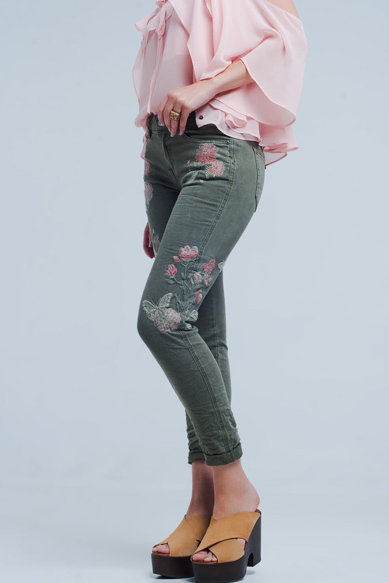 Khaki Jeans With Embroidered Flower