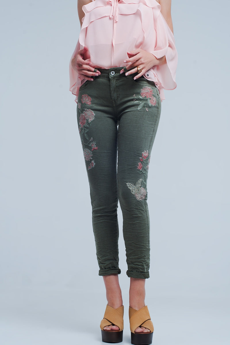 Khaki Jeans With Embroidered Flower