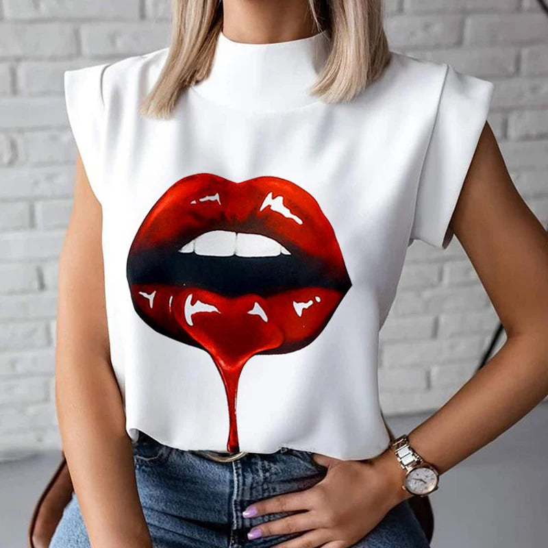 Women Elegant Lips Print Blouse