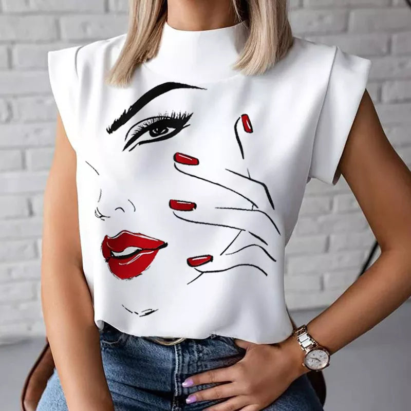 Women Elegant Lips Print Blouse