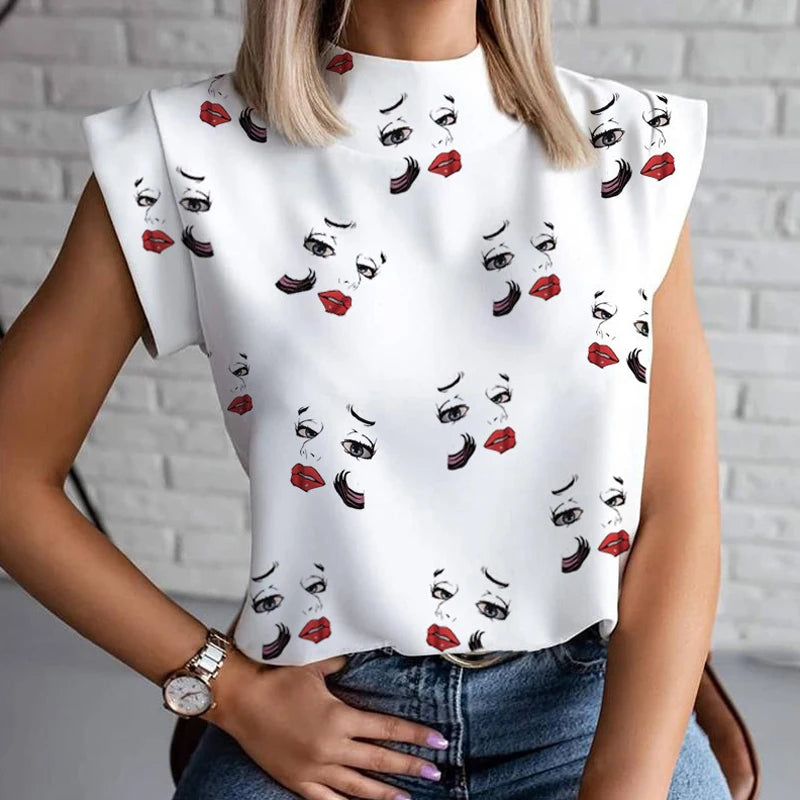 Women Elegant Lips Print Blouse