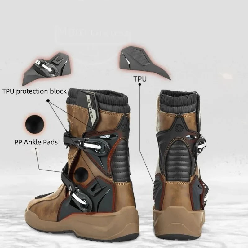 Waterproof Leather Brown Motorcycle Boots