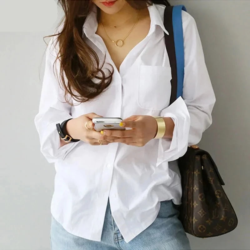 White Turn-down Women Loose Top