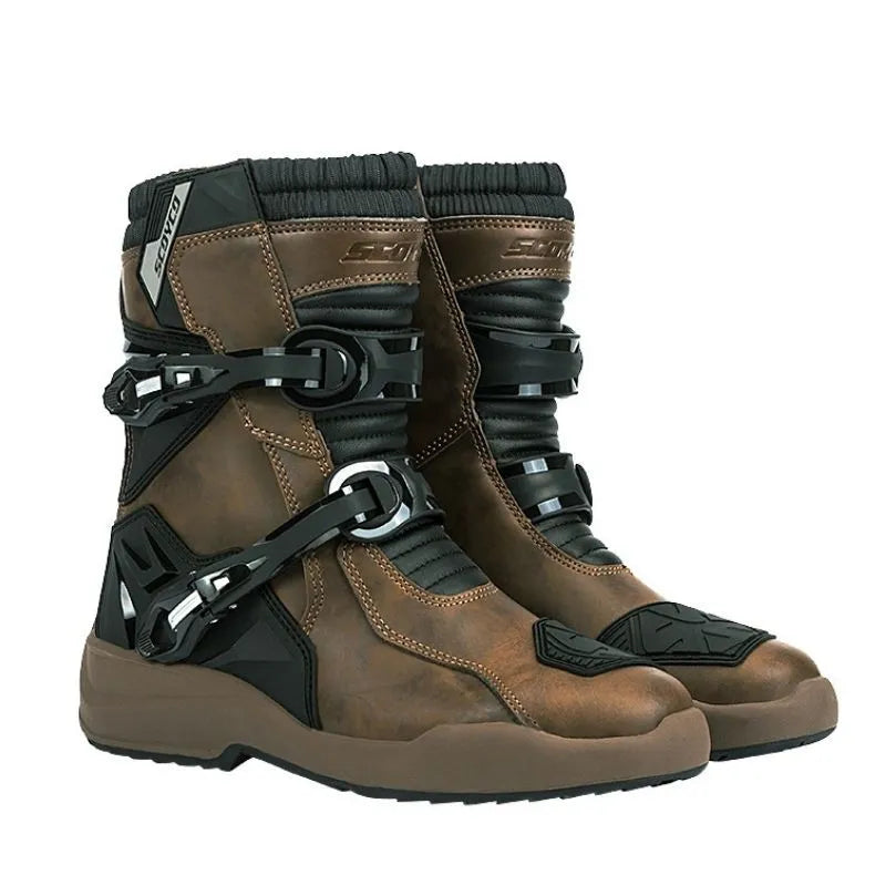 Waterproof Leather Brown Motorcycle Boots