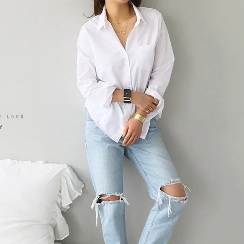 White Turn-down Women Loose Top