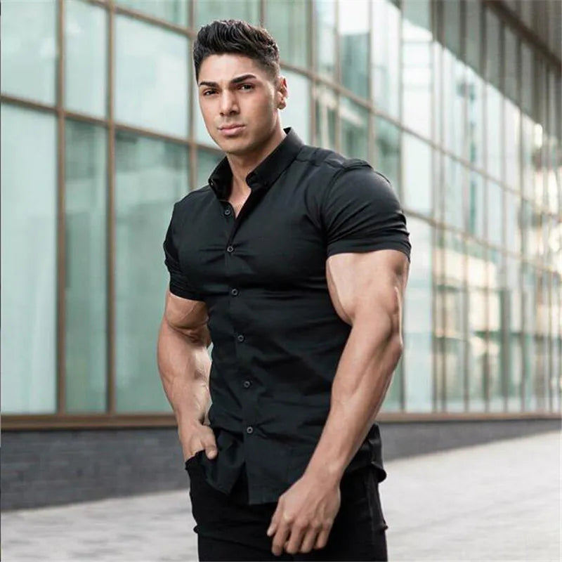 Men Fashion Super Slim Fit Short Sleeve Shirts