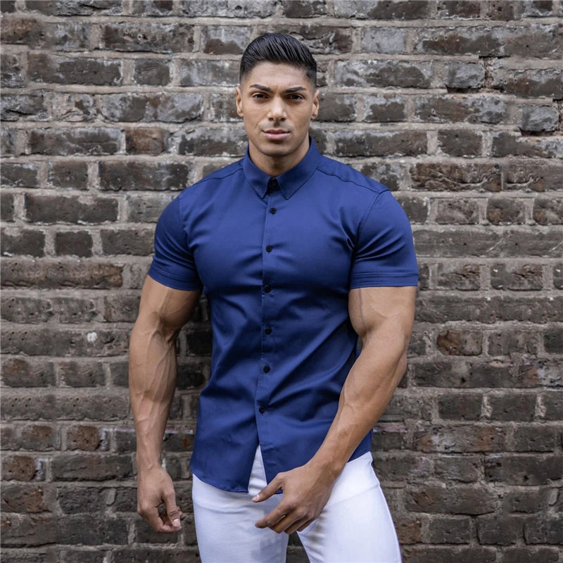 Men Fashion Super Slim Fit Short Sleeve Shirts