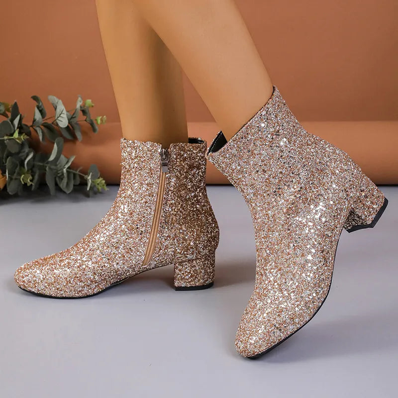 Shiny Glitter Gold Ankle Boots