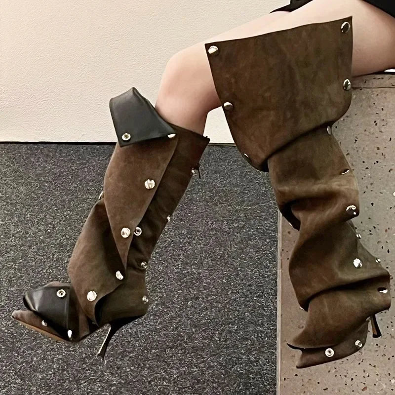 Metal Button Spliced Denim Boots