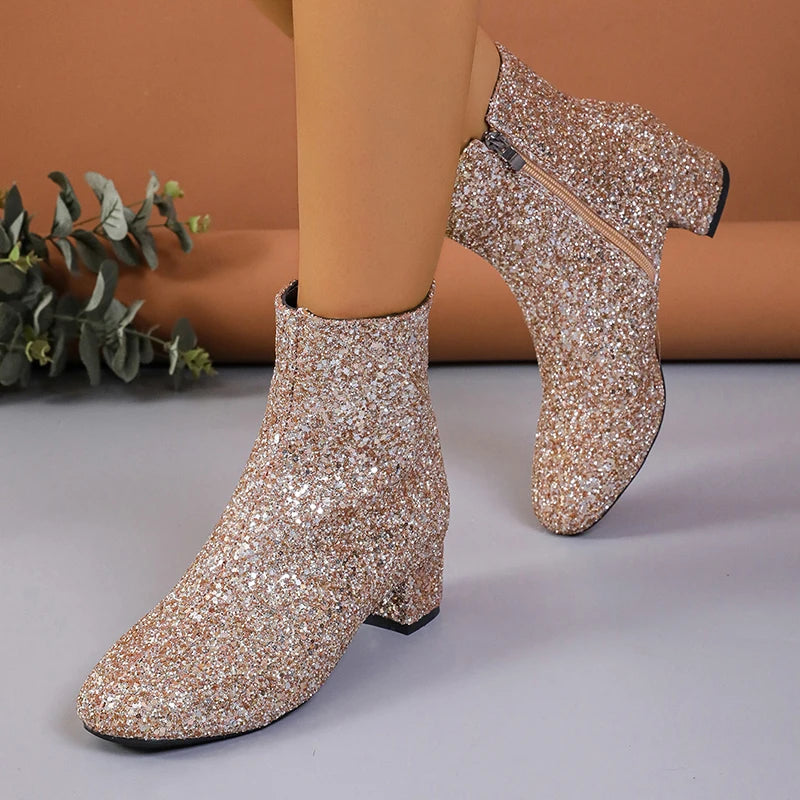 Shiny Glitter Gold Ankle Boots