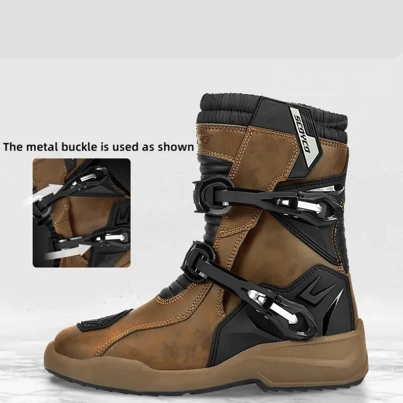 Waterproof Leather Brown Motorcycle Boots