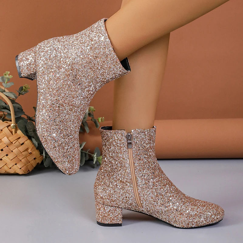 Shiny Glitter Gold Ankle Boots