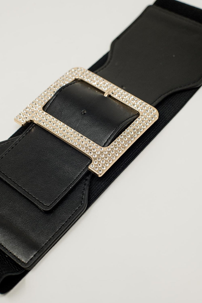 Elastic Black Belt With Rhinestone