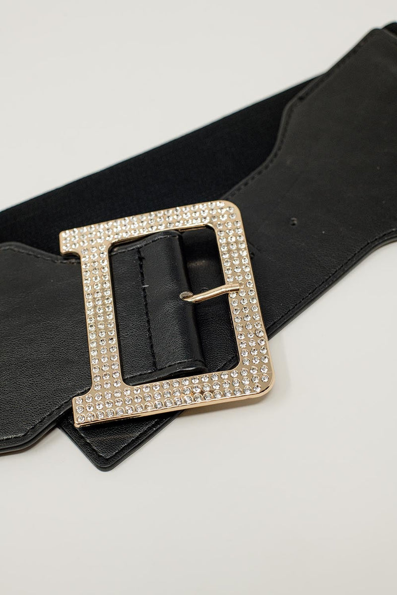 Elastic Black Belt With Rhinestone