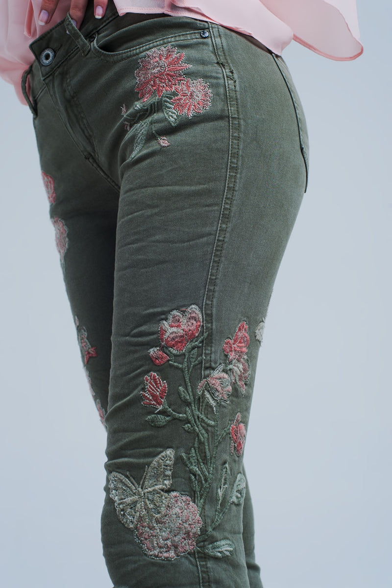 Khaki Jeans With Embroidered Flower