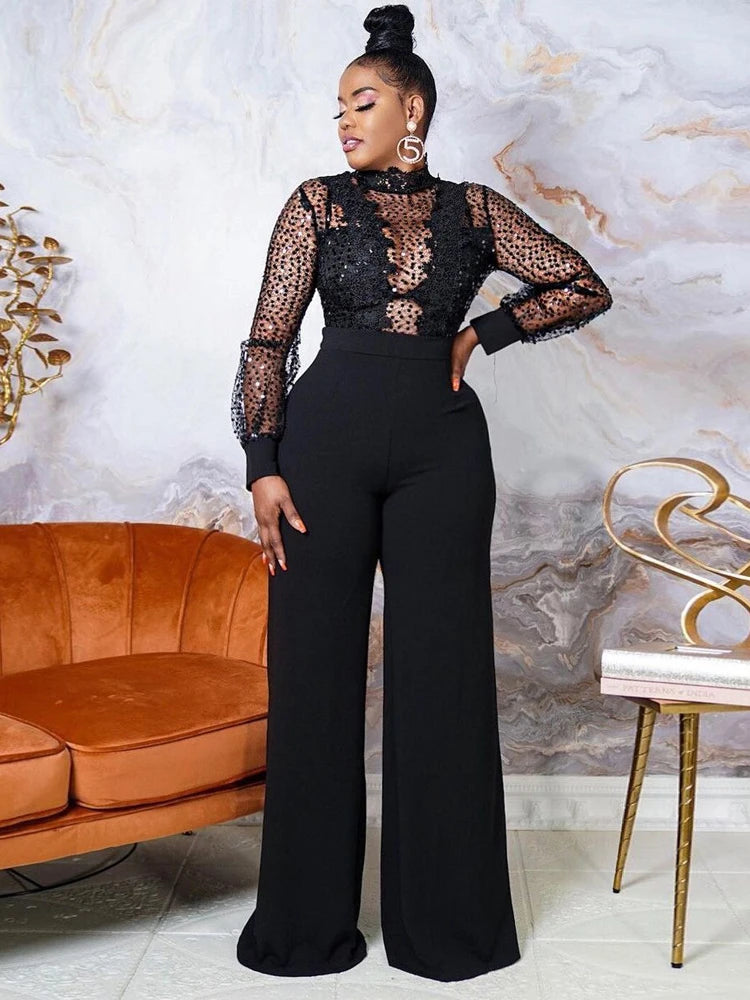 Women Long Sleeve Sequin Lace Jumpsuit