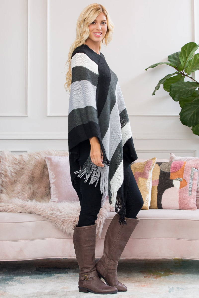 Beige Color Block Fringe Poncho