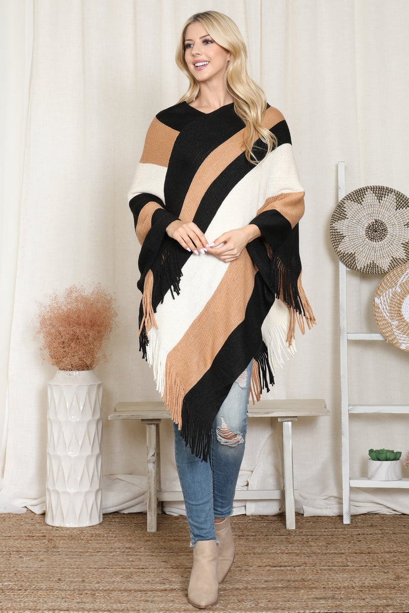 Beige Color Block Fringe Poncho