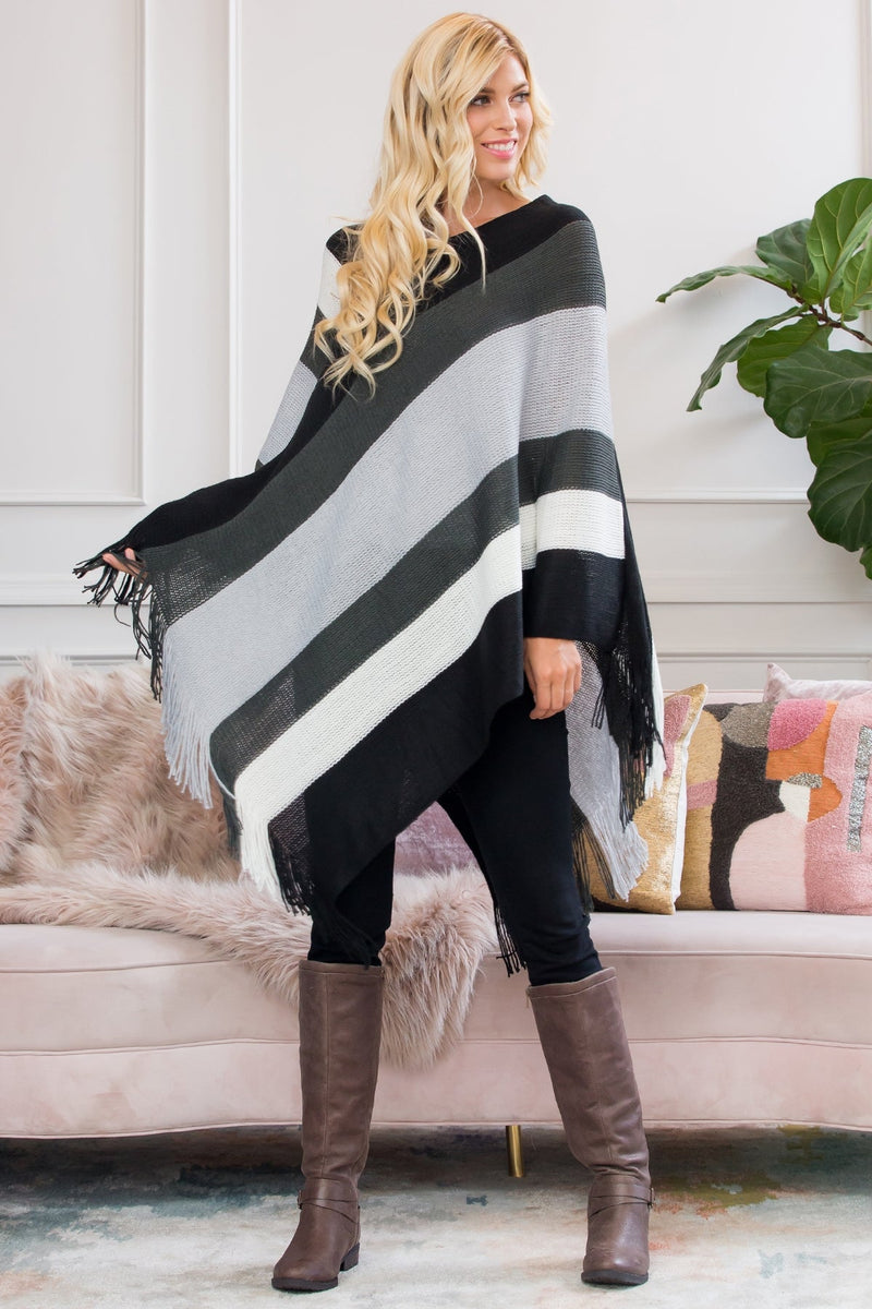 Beige Color Block Fringe Poncho