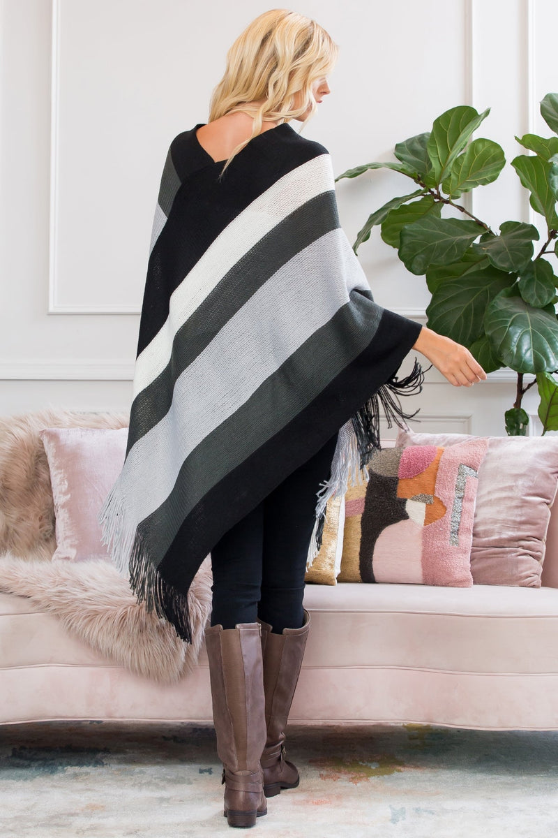 Beige Color Block Fringe Poncho