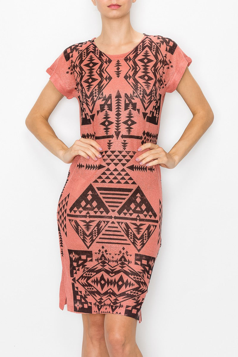 Short Sleeve Aztec Print Dress - Coral