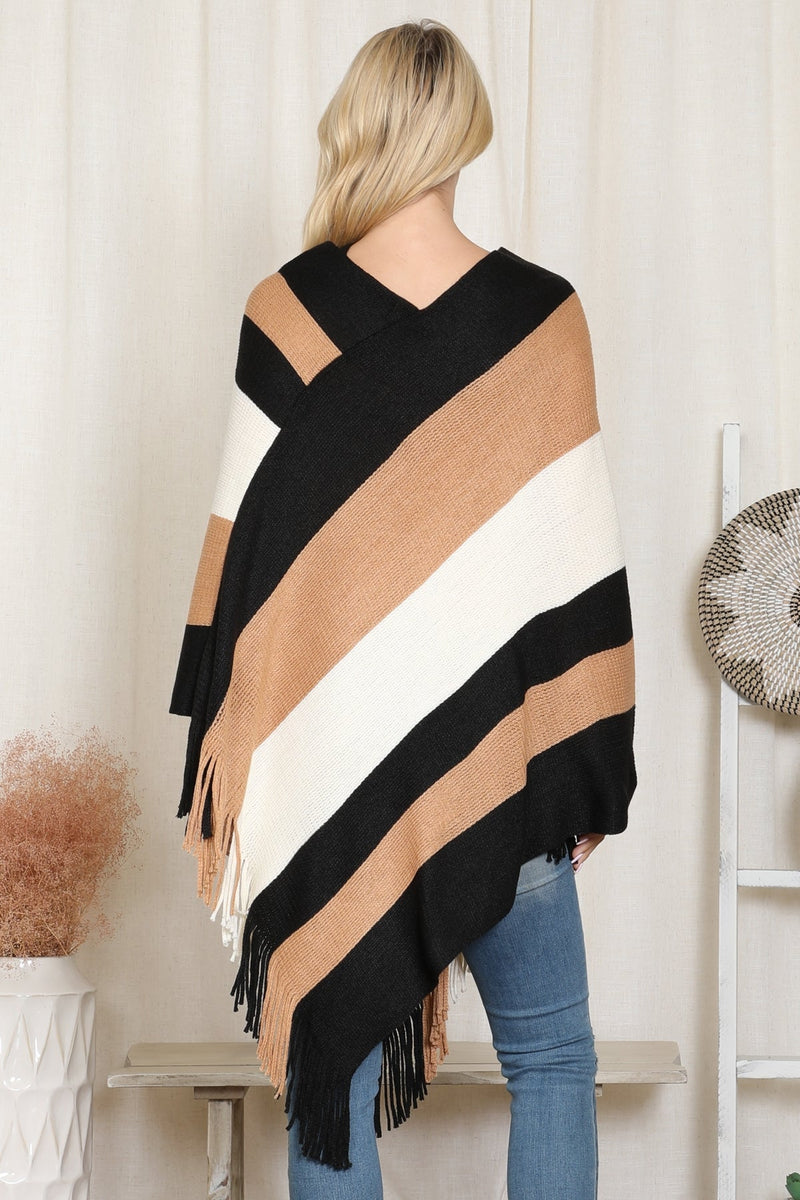 Beige Color Block Fringe Poncho