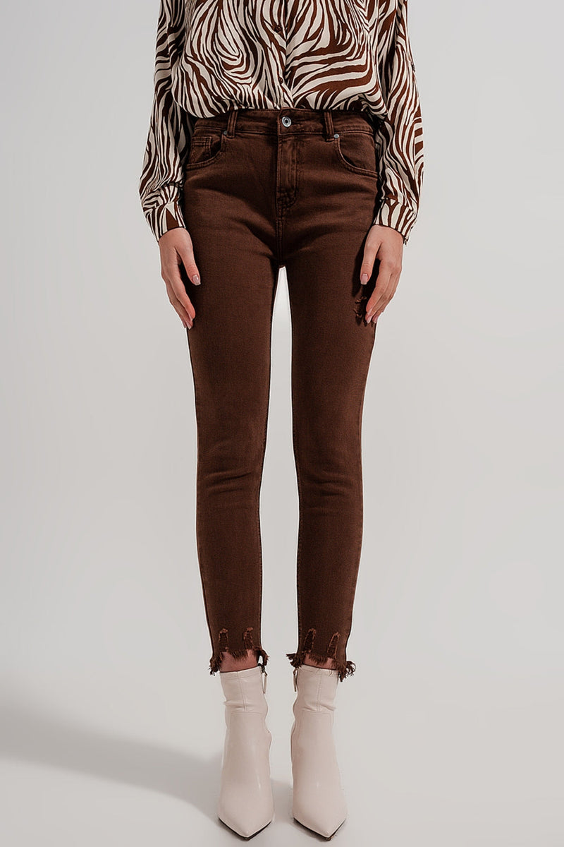 Raw Hem Skinny Jeans in Brown