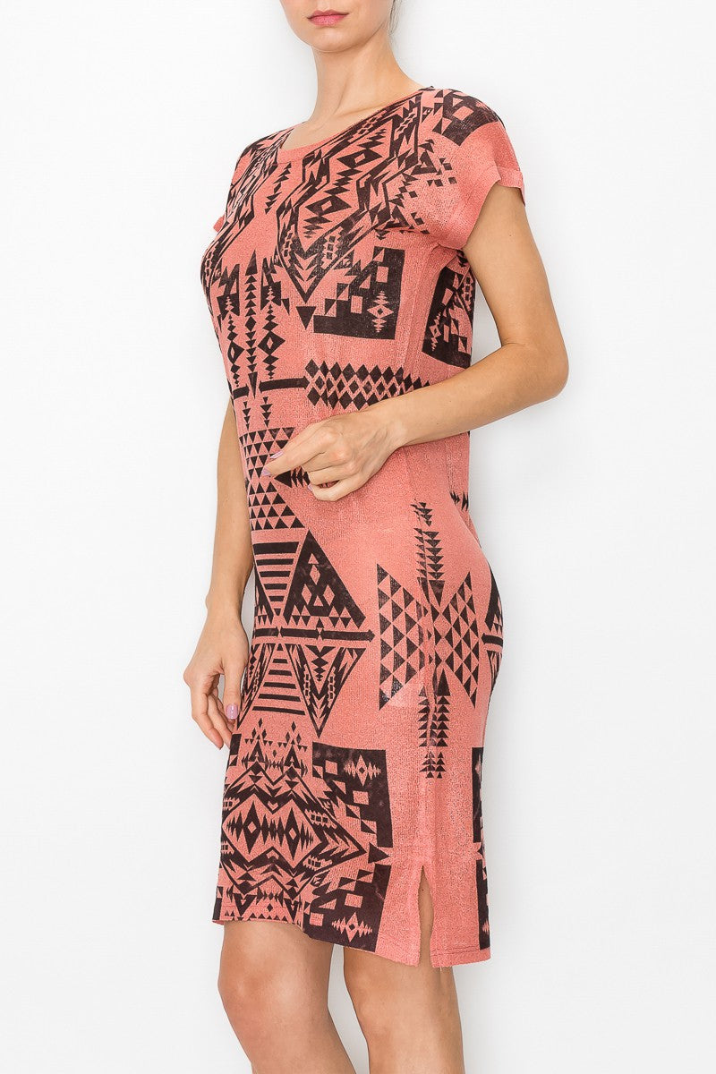 Short Sleeve Aztec Print Dress - Coral