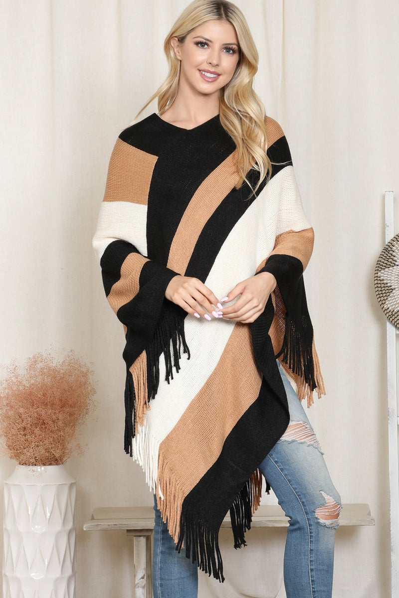 Beige Color Block Fringe Poncho