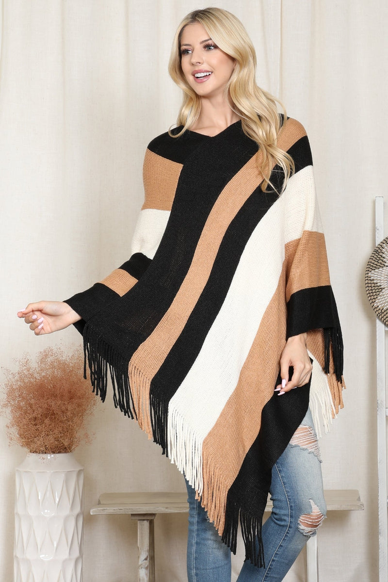 Beige Color Block Fringe Poncho